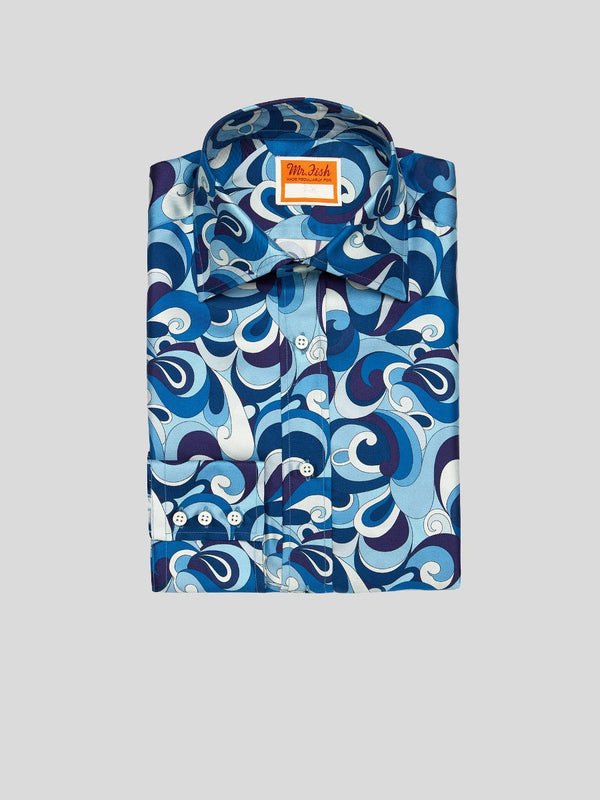 blue swirl print silk shirt