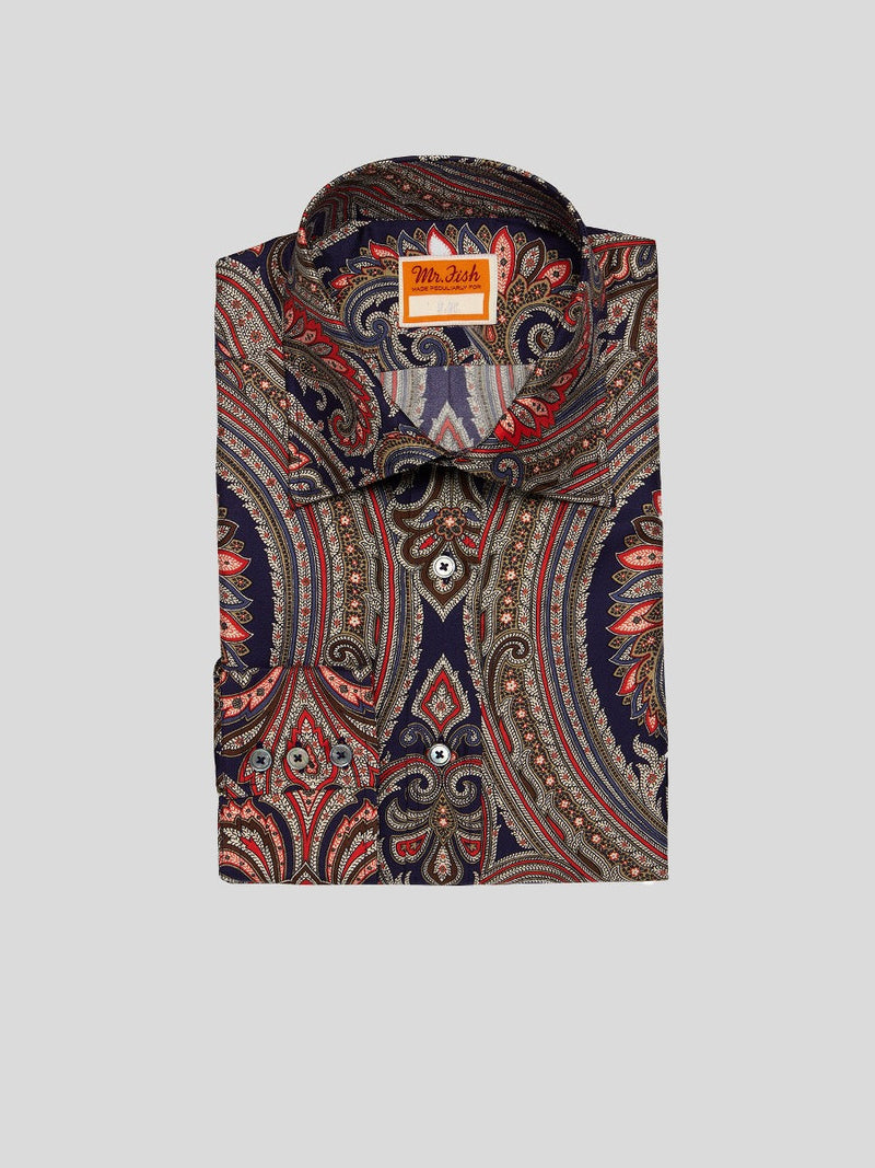 navy & red paisley print silk shirt