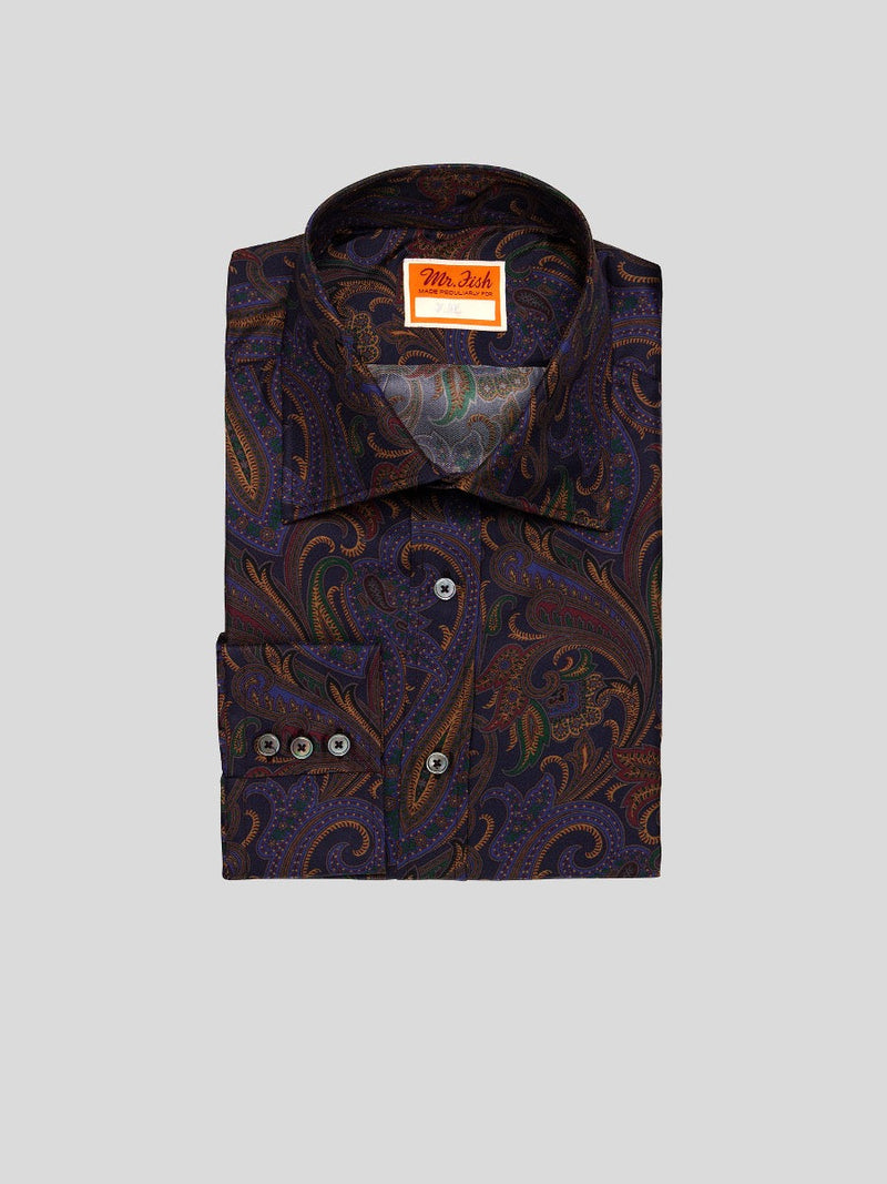 purple paisley print silk shirt